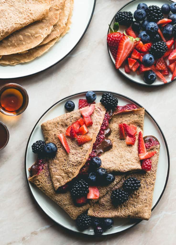 Chickpea Flour Crepes with Tahini Chocolate Sauce and Chia Jam (v, gf