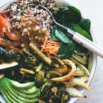 Thai Power Bowl with Wild Peanut Butter Dressing (vegan-gluten-free) - delicious salad bowl with colorful quinoa, roasted vegetables, spinach, avocado, carrots, bell peppers, and the most amazing dressing! | thehealthfulideas.com