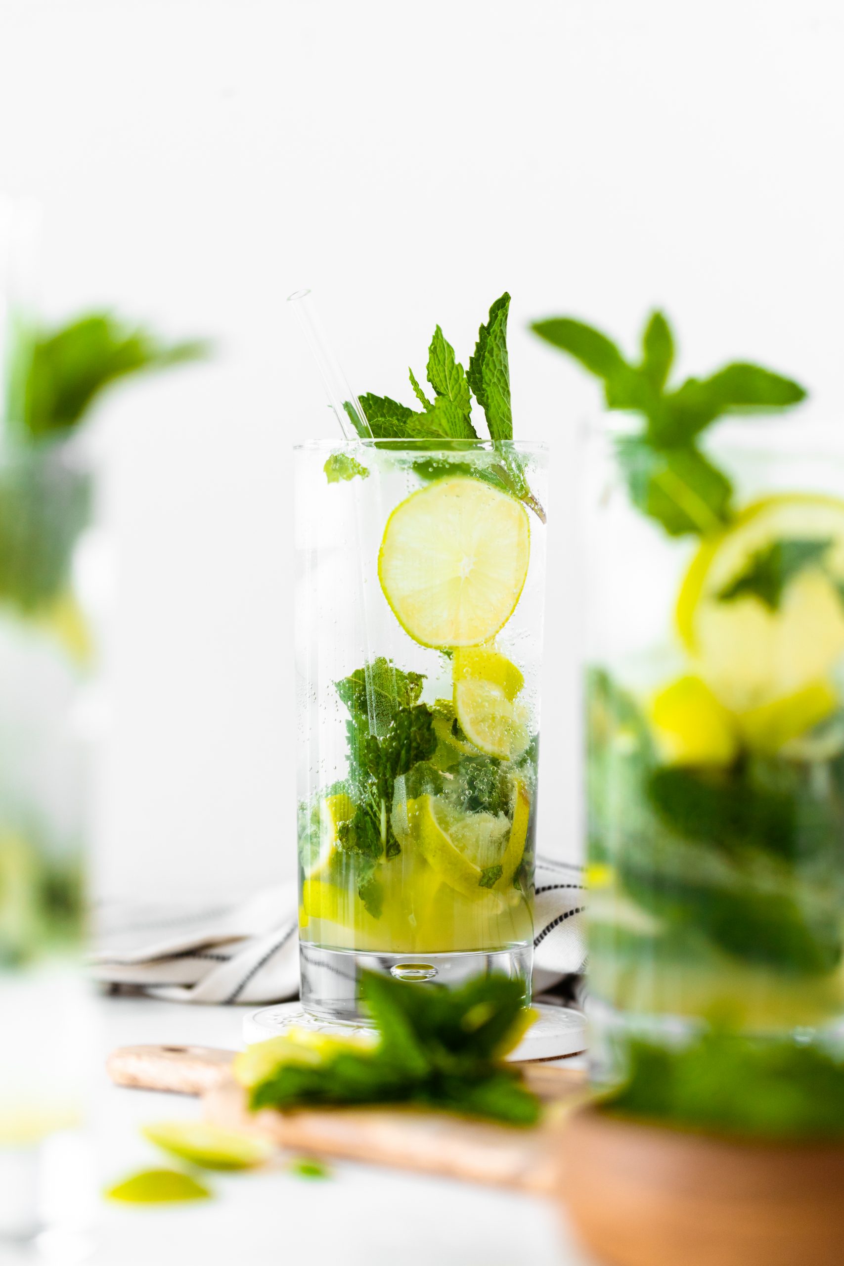 Head on shot of mojito with mint leaves