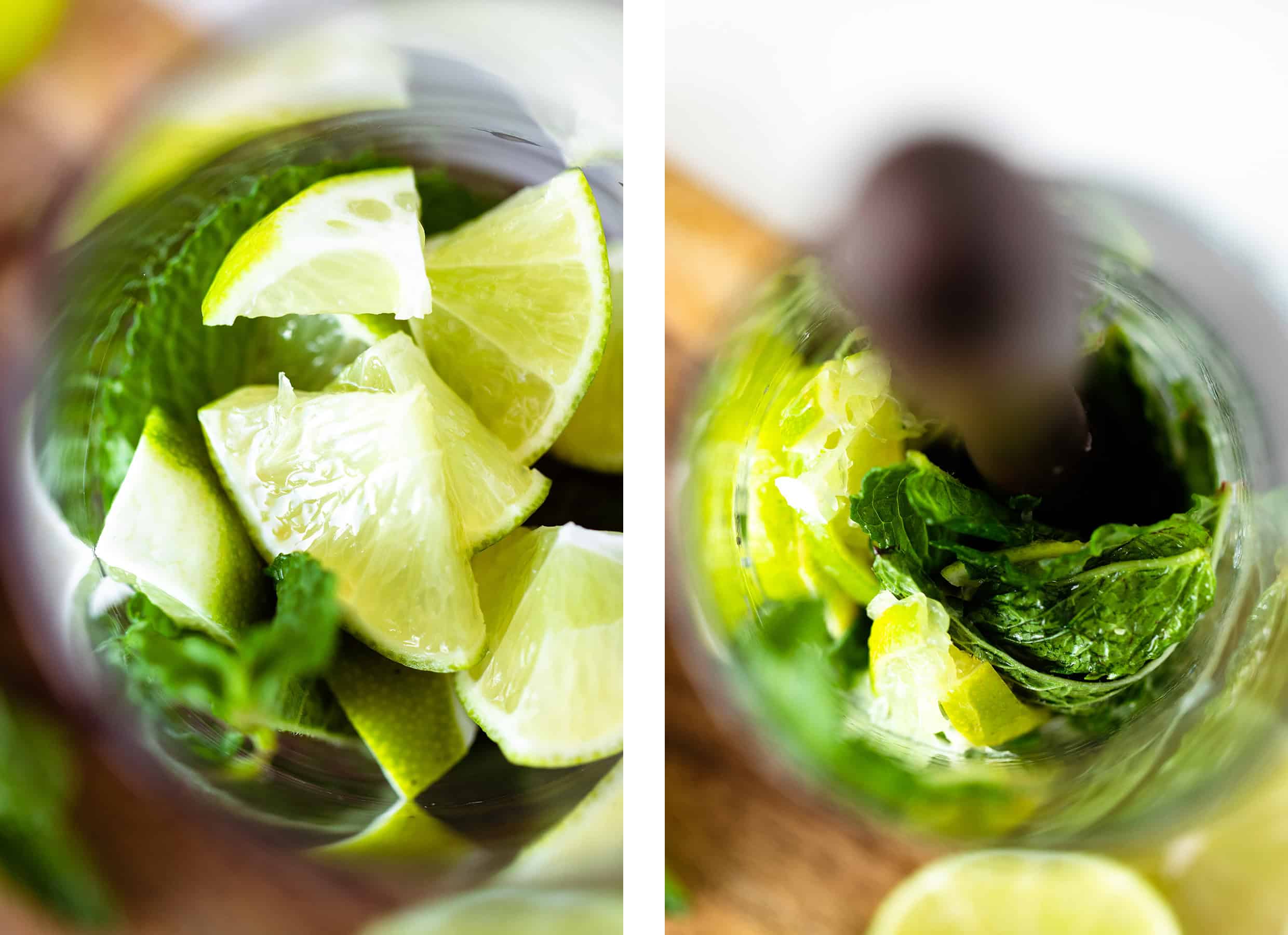 A close up image of mint leaves and cut up limes