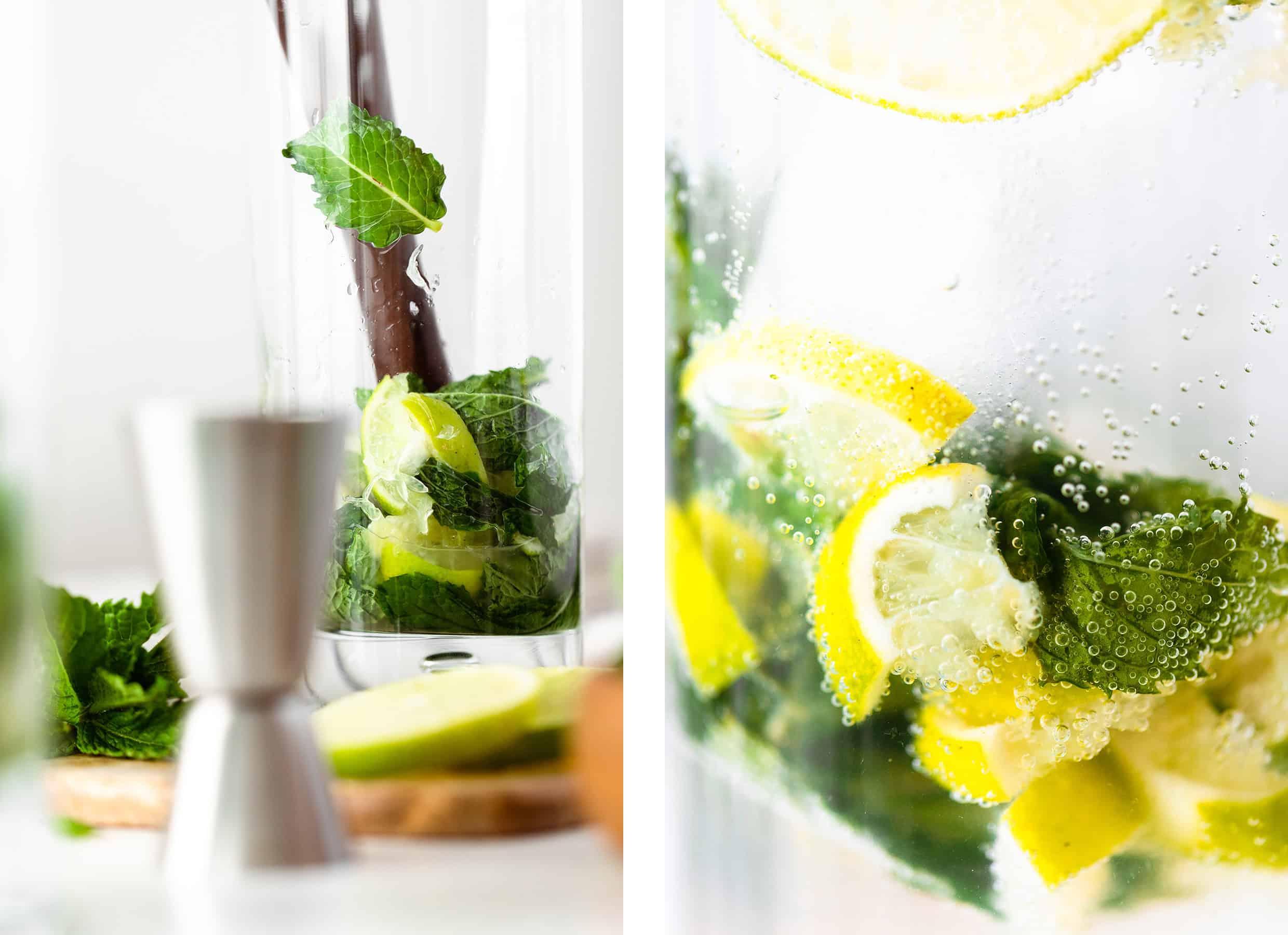 Two photos - one is of a tall glass with crushed lime wedges, mint, and agave. Second photo is a close up of a mojito.