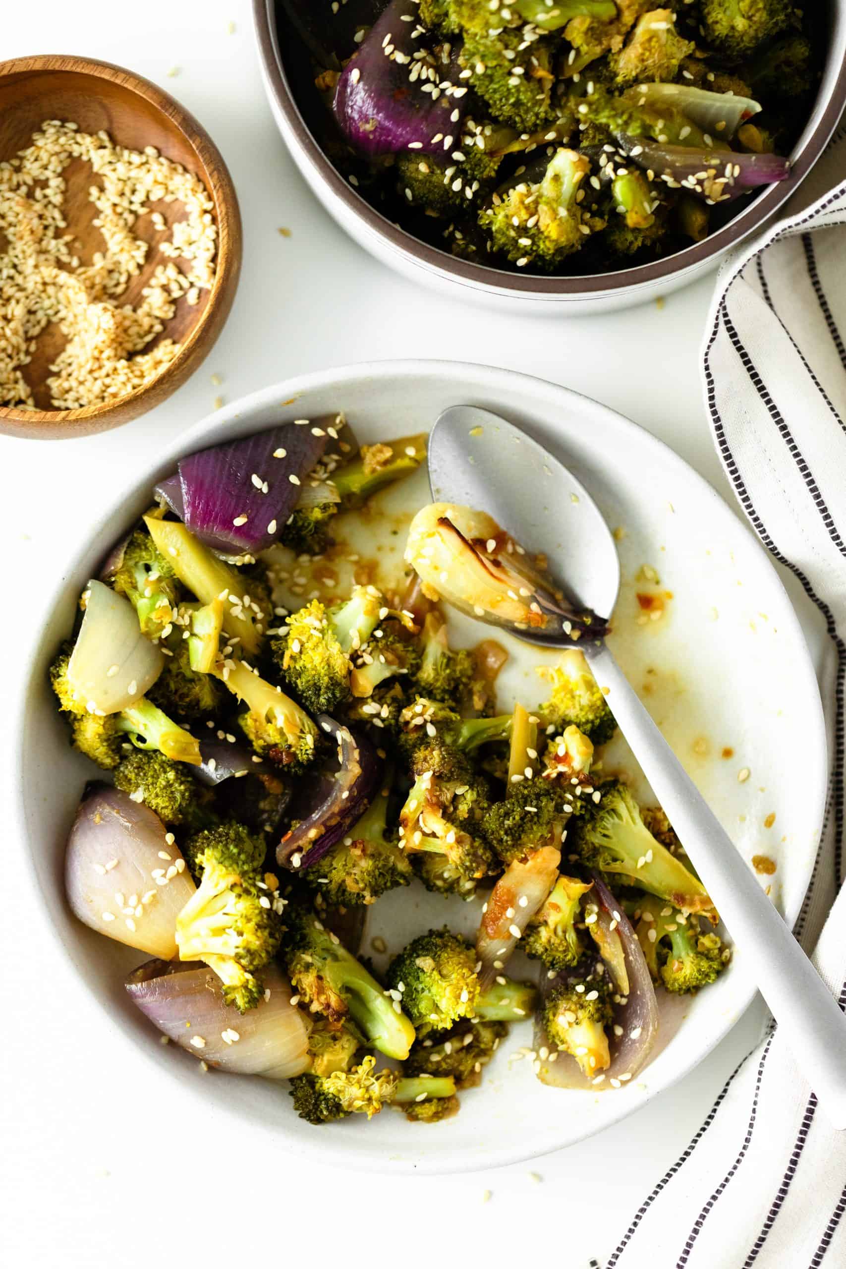 Miso Roasted Broccoli with red onion and toasted sesame seeds