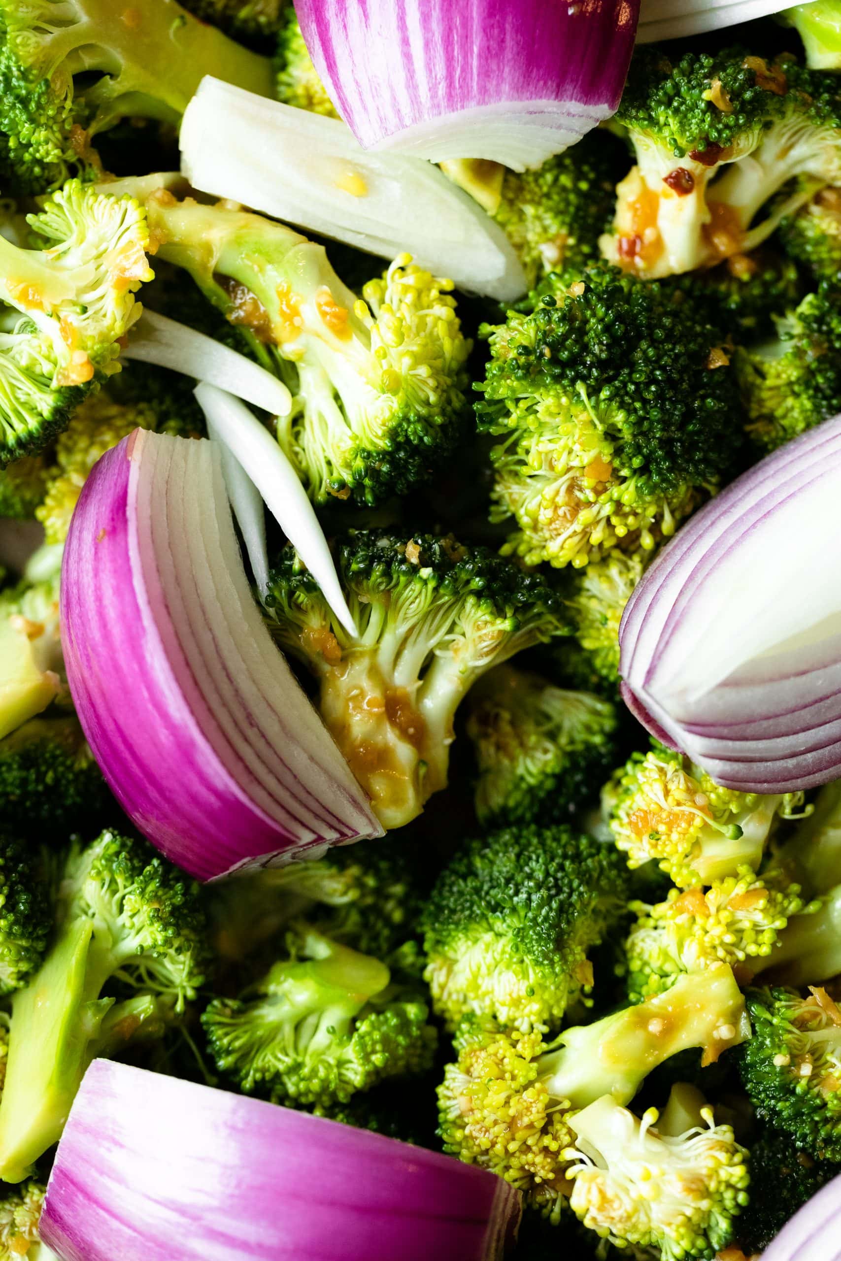 Miso Roasted Broccoli with red onion and toasted sesame seeds