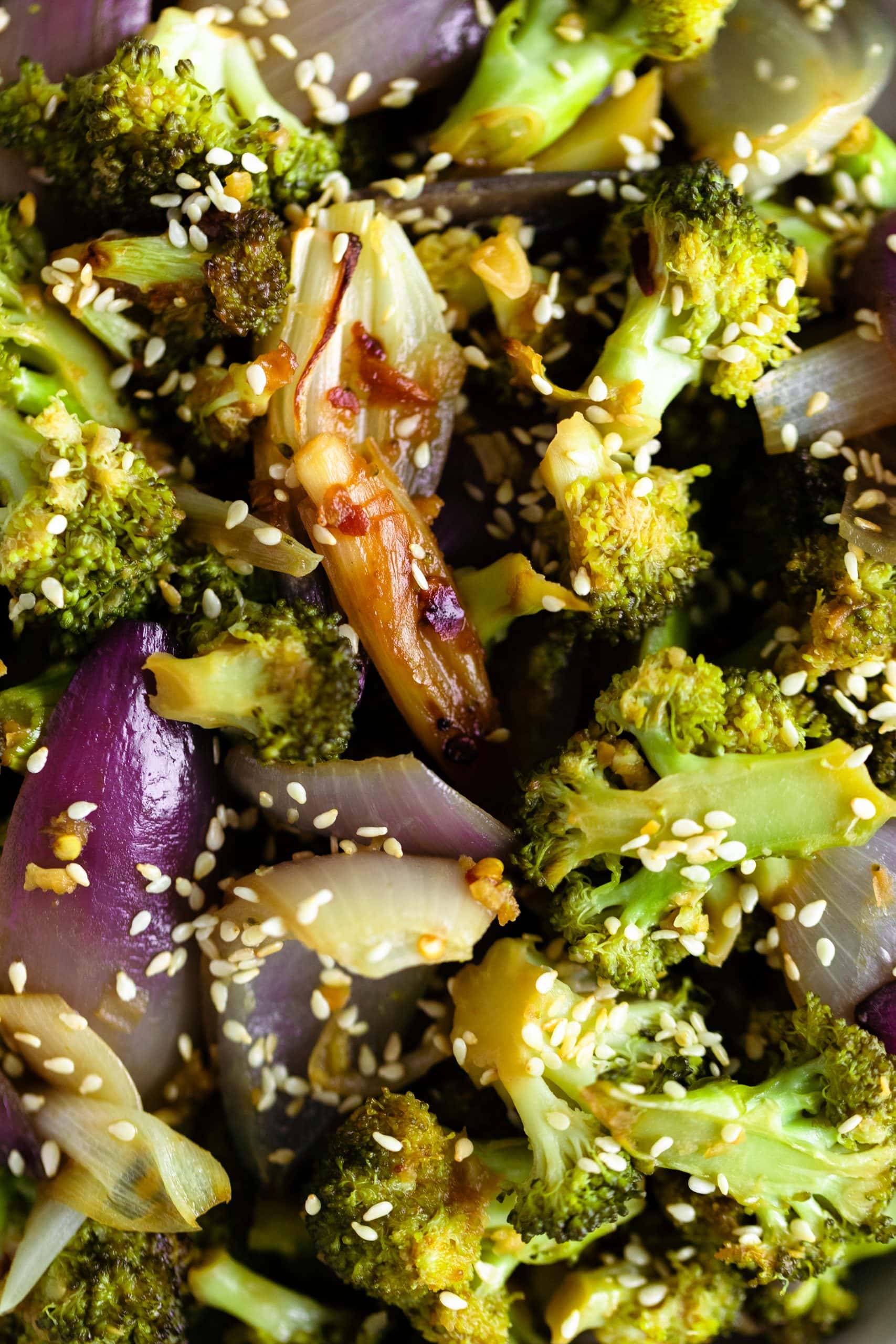 Miso Roasted Broccoli with red onion and toasted sesame seeds