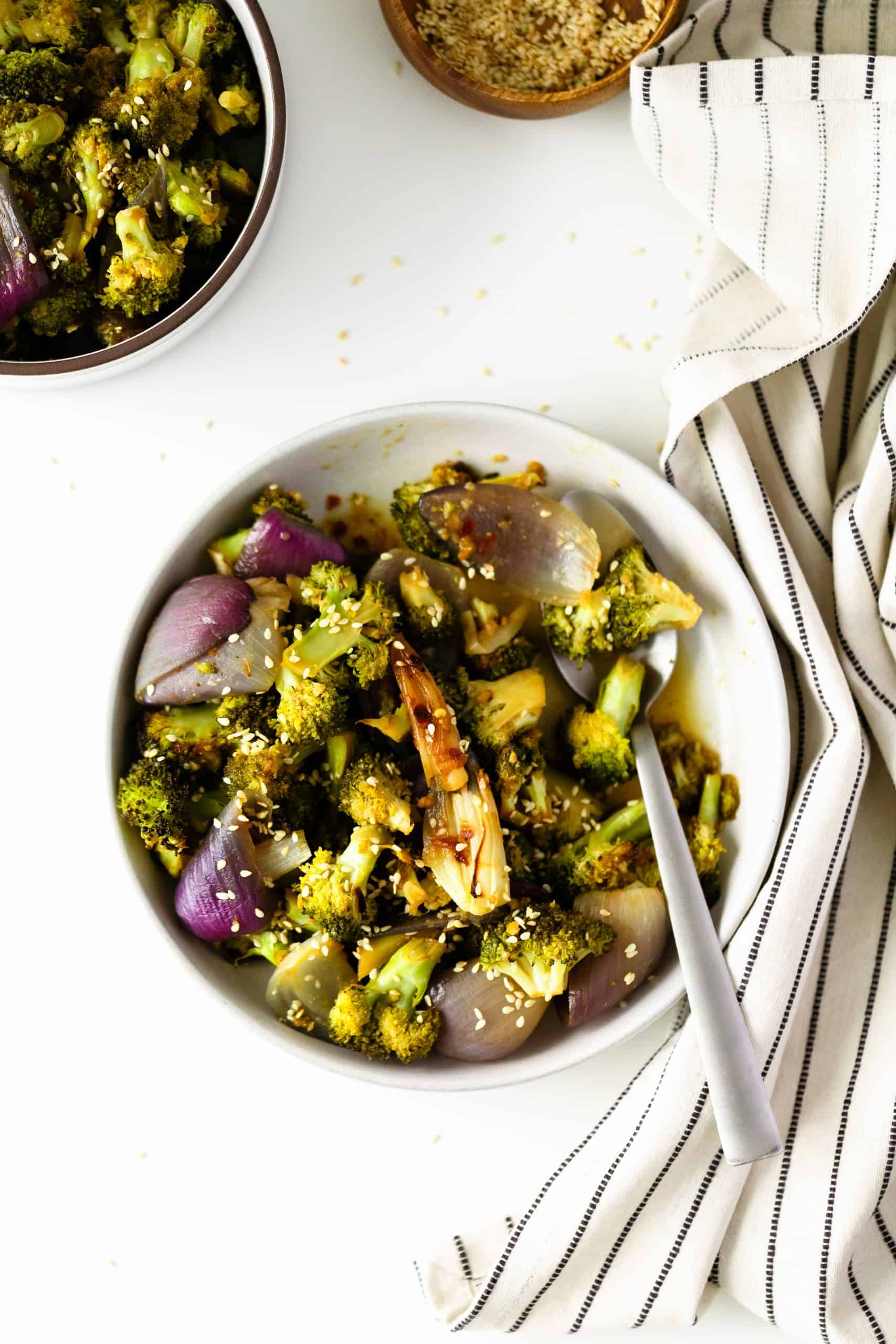 Miso Roasted Broccoli with red onion and toasted sesame seeds