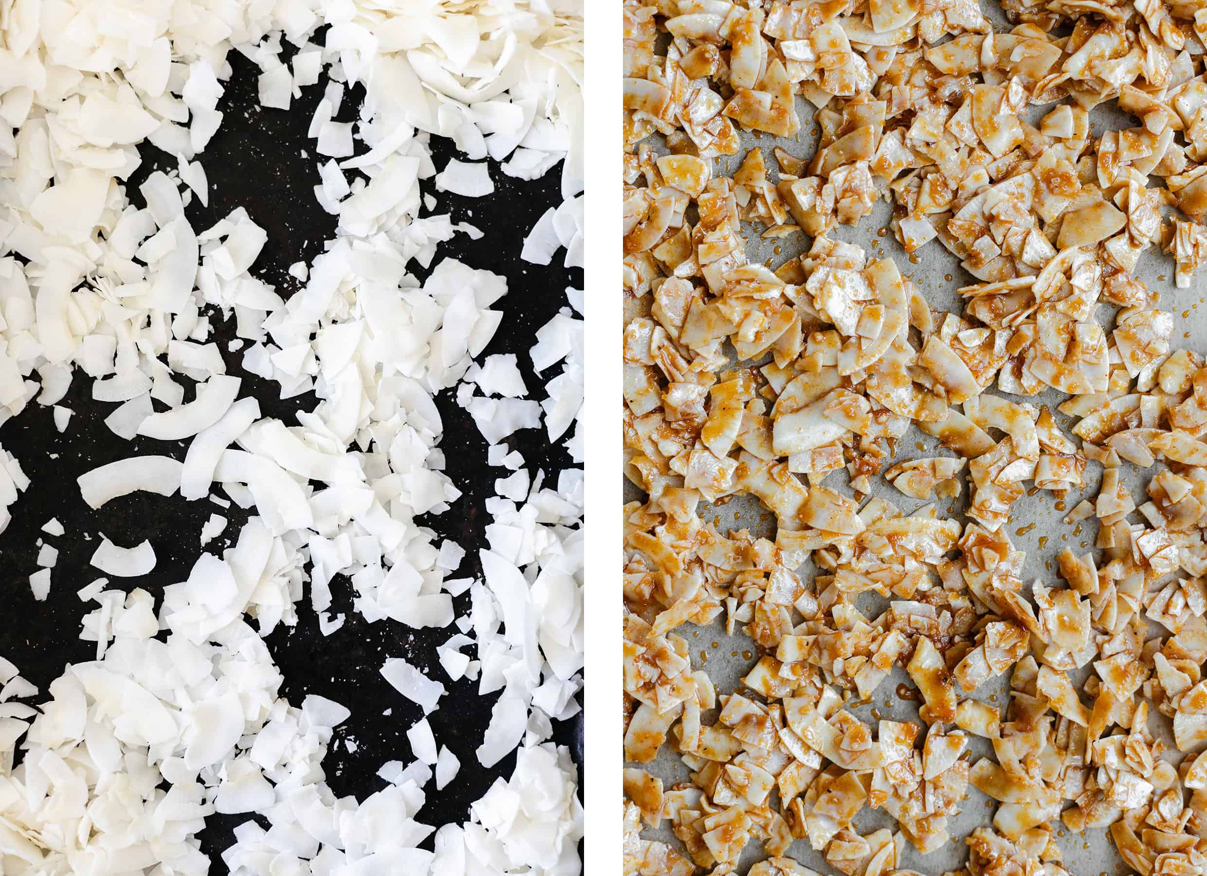 Two photos of coconut flakes on a baking sheet - one plain and one with dressing