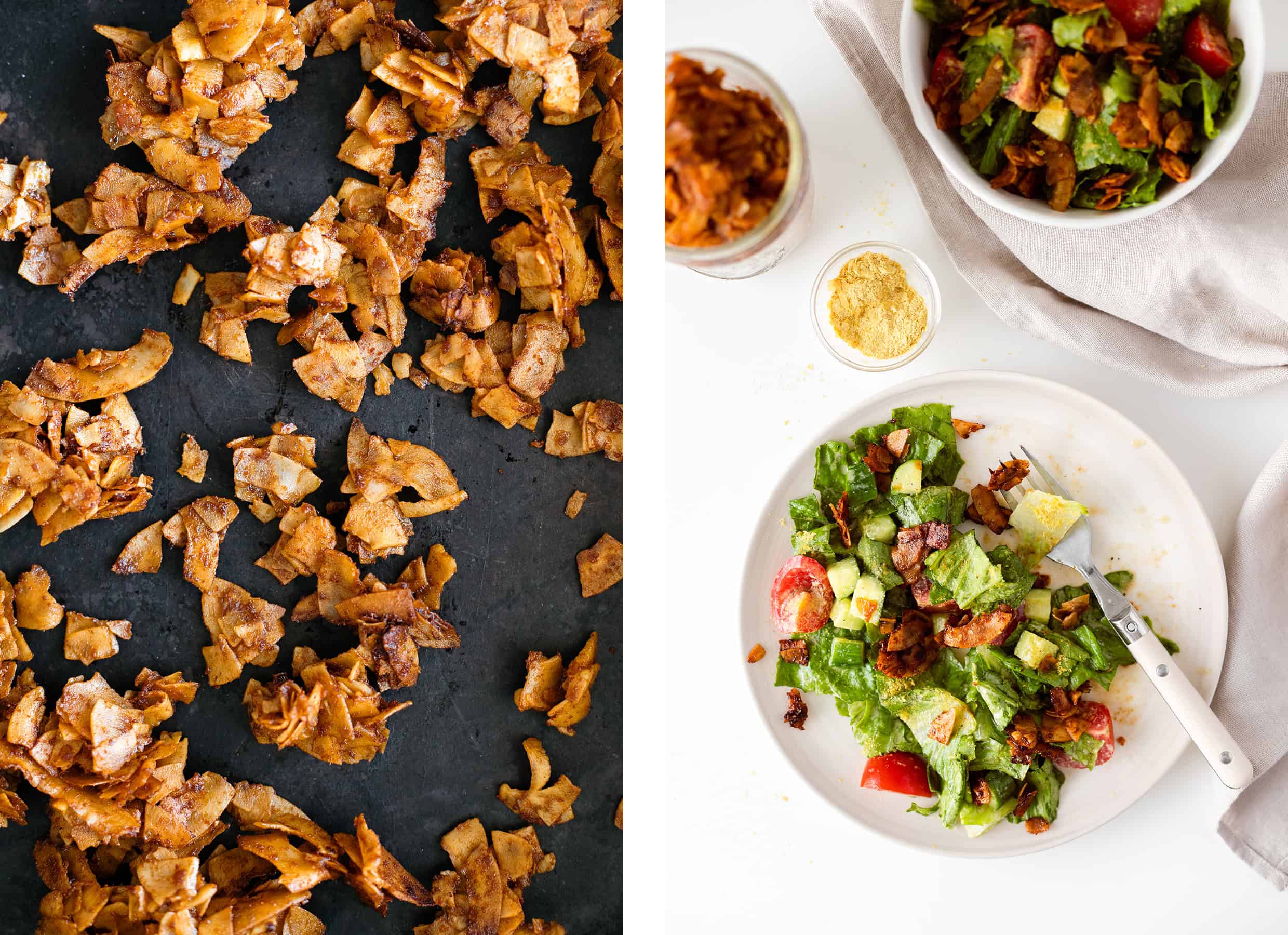 Two photos - one of vegan coconut bacon on a baking sheet and one of a green salad with coconut bacon