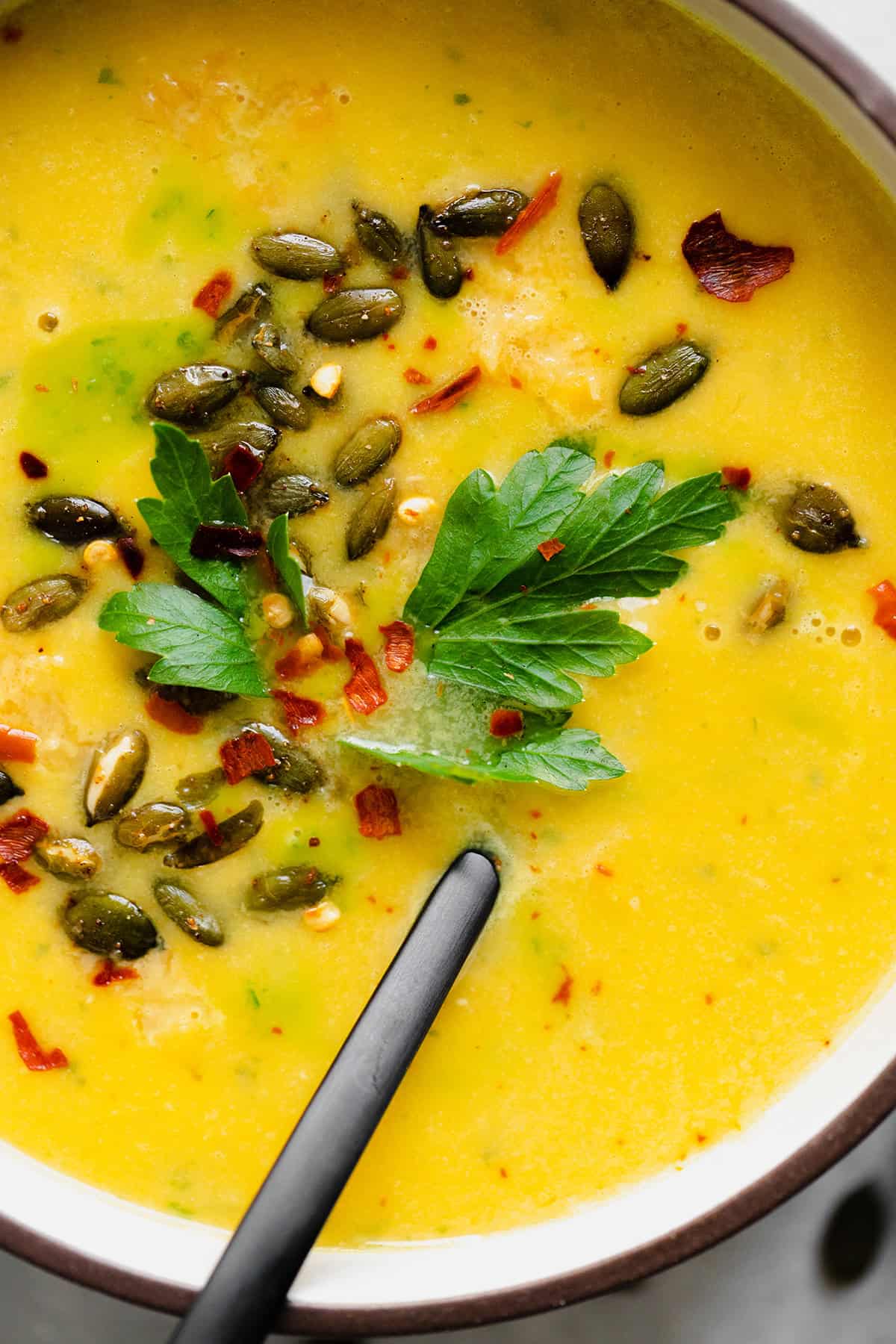 Close up shot of Butternut Squash Curry Soup with Red Lentils