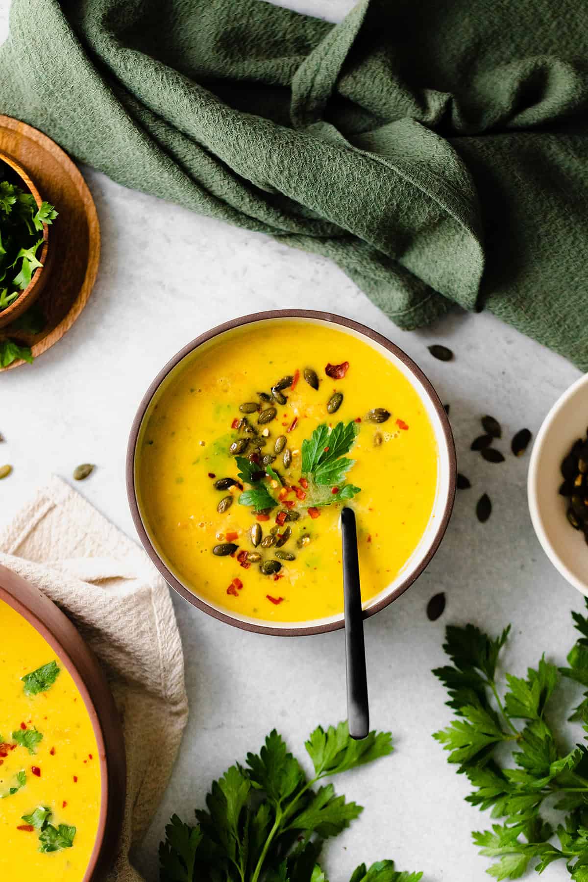 Overhead shot of Butternut Squash Curry Soup with Red Lentils