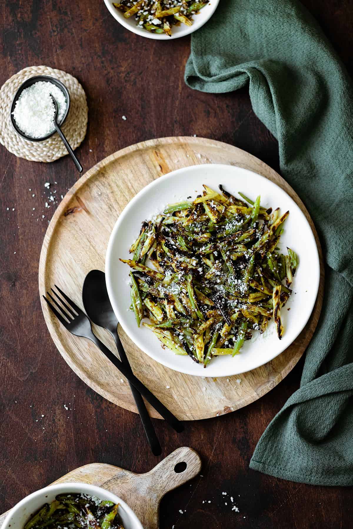 Ovrerhead shot of Charred Green Beans with Pecorino Cheese