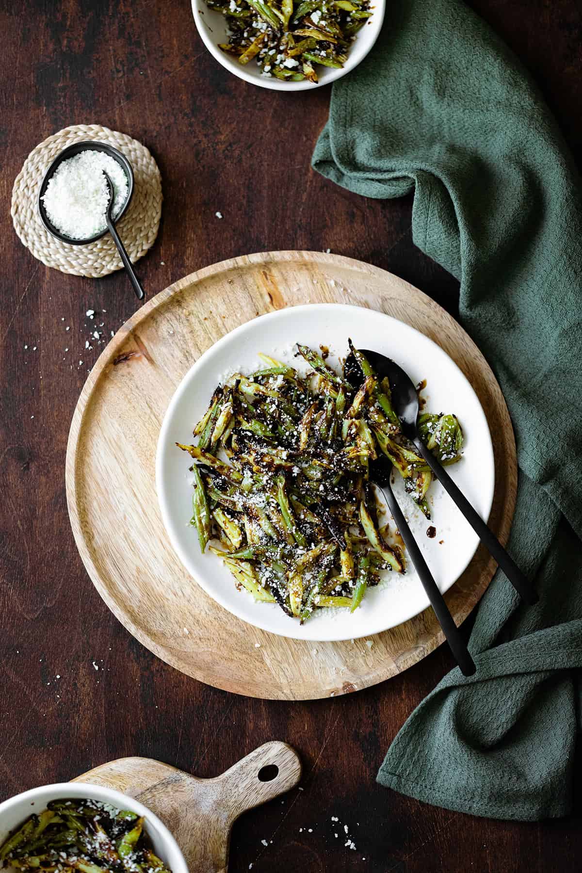 Overhead shot of Charred Green Beans with Pecorino Cheese