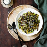 Overhead square photo of Charred Green Beans with Pecorino Cheese