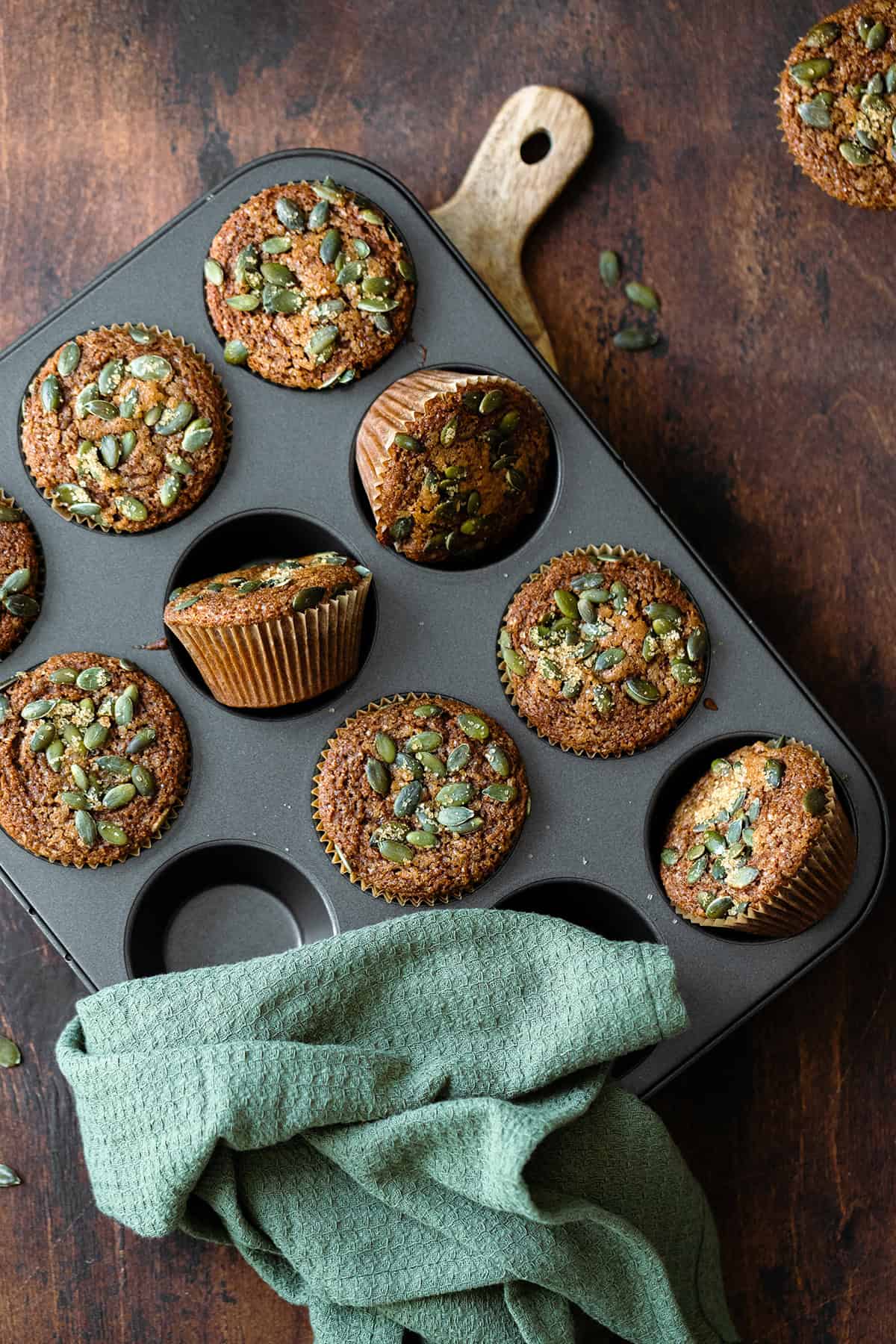 An overhead vertical shot of Gluten-Free Pumpkin Spice Muffins in the muffin tin