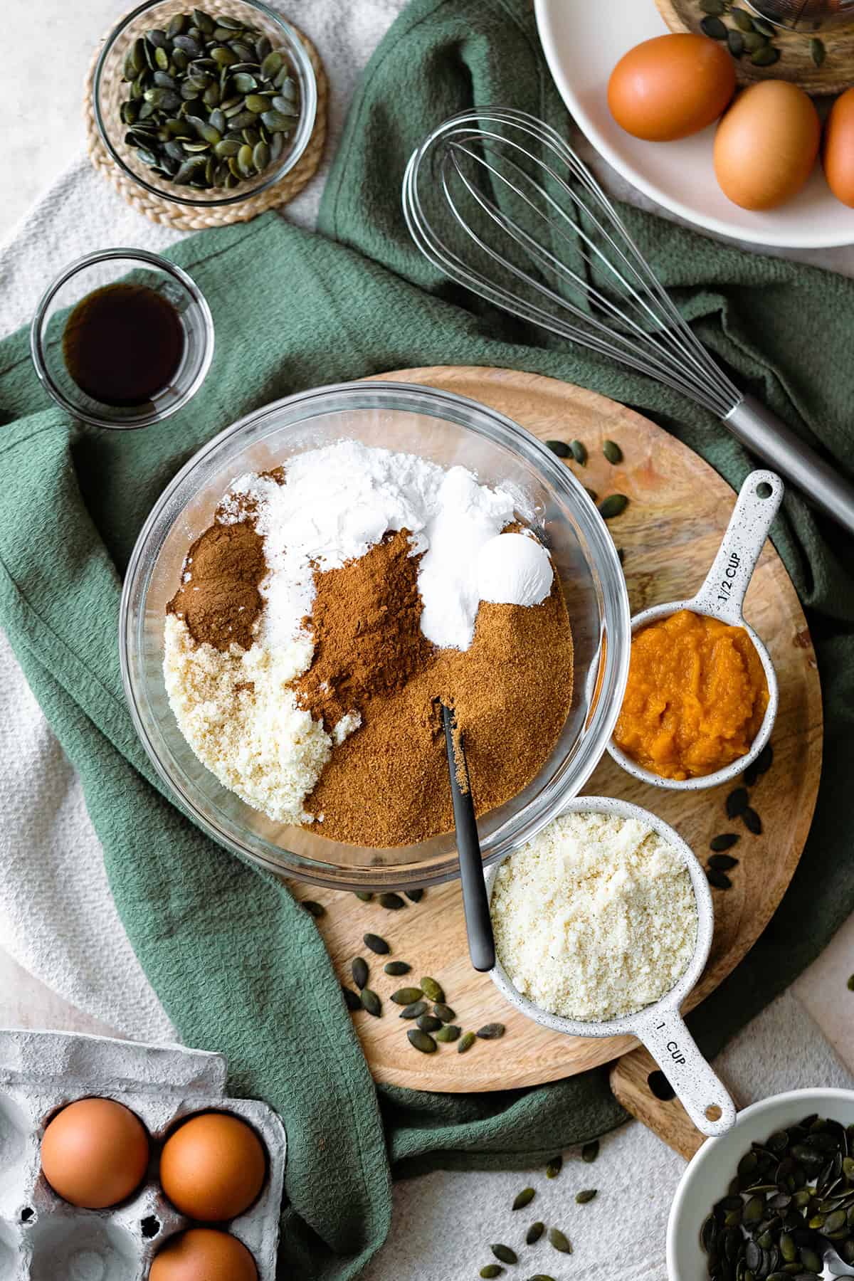 An overhead shot of the ingredients for Gluten-Free Pumpkin Spice Muffins