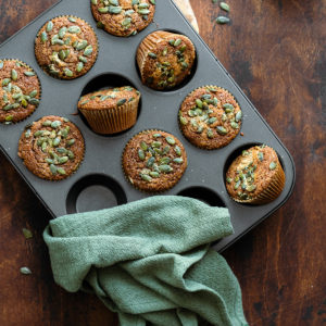 An overhead square shot of Gluten-Free Pumpkin Spice Muffins in the muffin tin