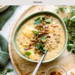 An overhead photo of Potato Leek and Lentil Soup with Caraway Seeds. Vertical photo with text.