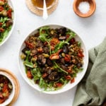 Za'atar Roasted Eggplant Lentil Salad with Sundried Tomatoes in white bowl on a grey background