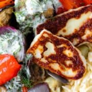 Halloumi Orzo Bowl with Roasted Vegetables and Yogurt Dill Sauce - zoom shot