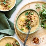 An overhead photo of Potato Leek and Lentil Soup with Caraway Seeds