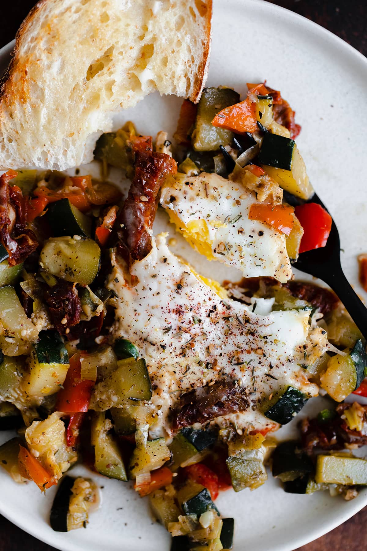 A close up photo of Bell Pepper and Zucchini Breakfast Skillet with Za'atar