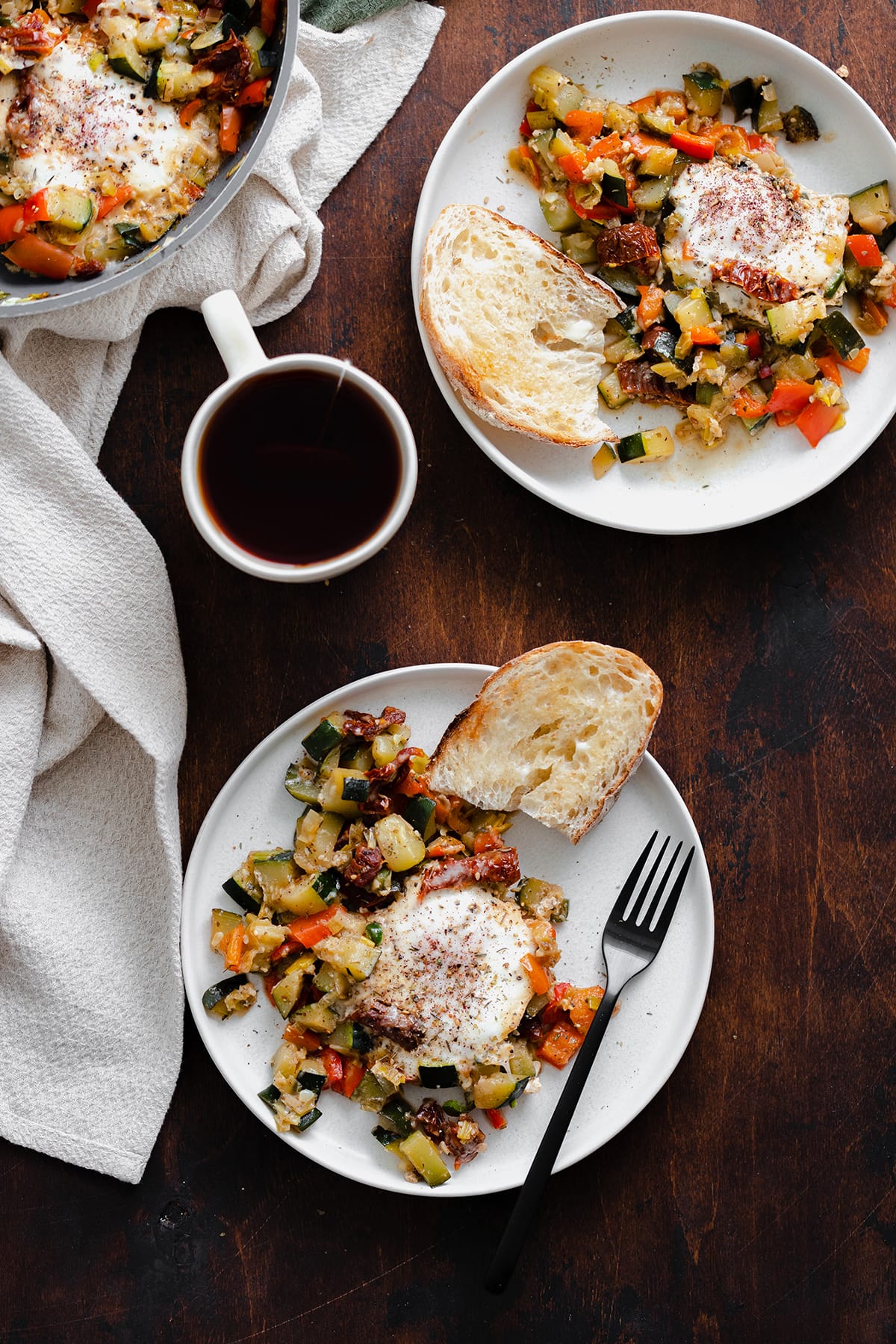 An overhead photo of Bell Pepper and Zucchini Breakfast Skillet with Za'atar