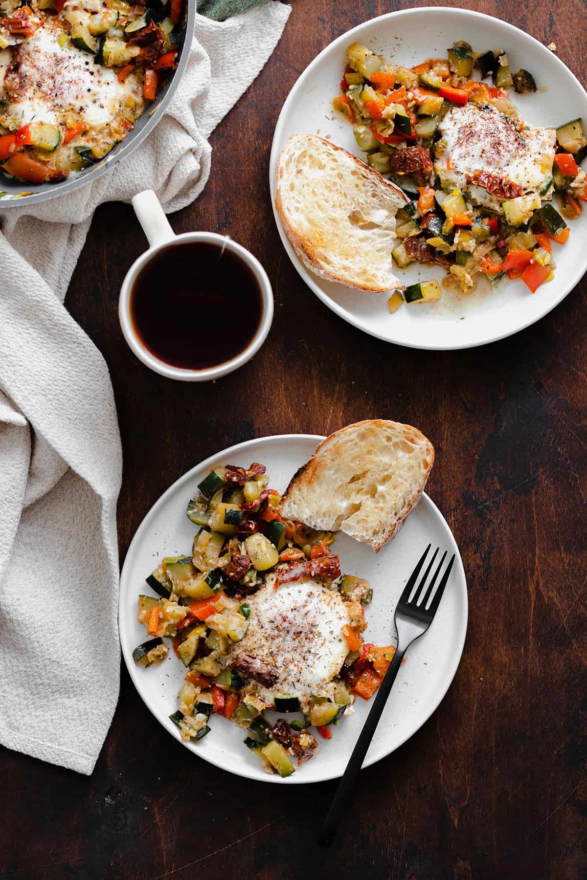 An overhead photo of Bell Pepper and Zucchini Breakfast Skillet with Za'atar