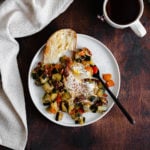 A square overhead photo of Bell Pepper and Zucchini Breakfast Skillet with Za'atar