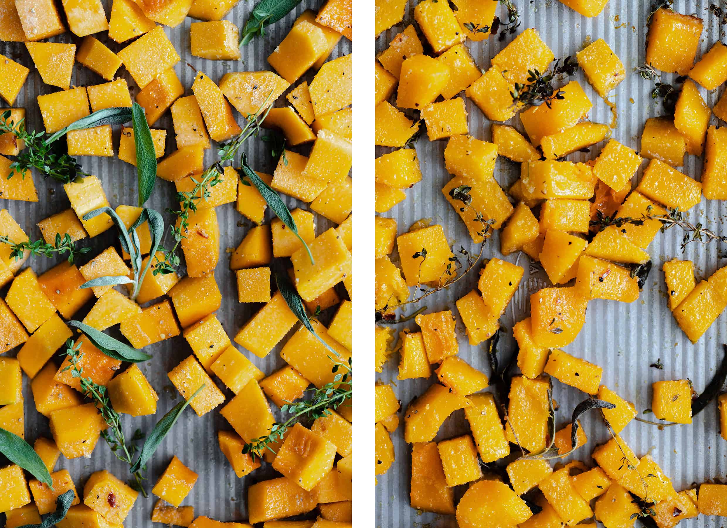 Butternut squash on a pan before and after roasting