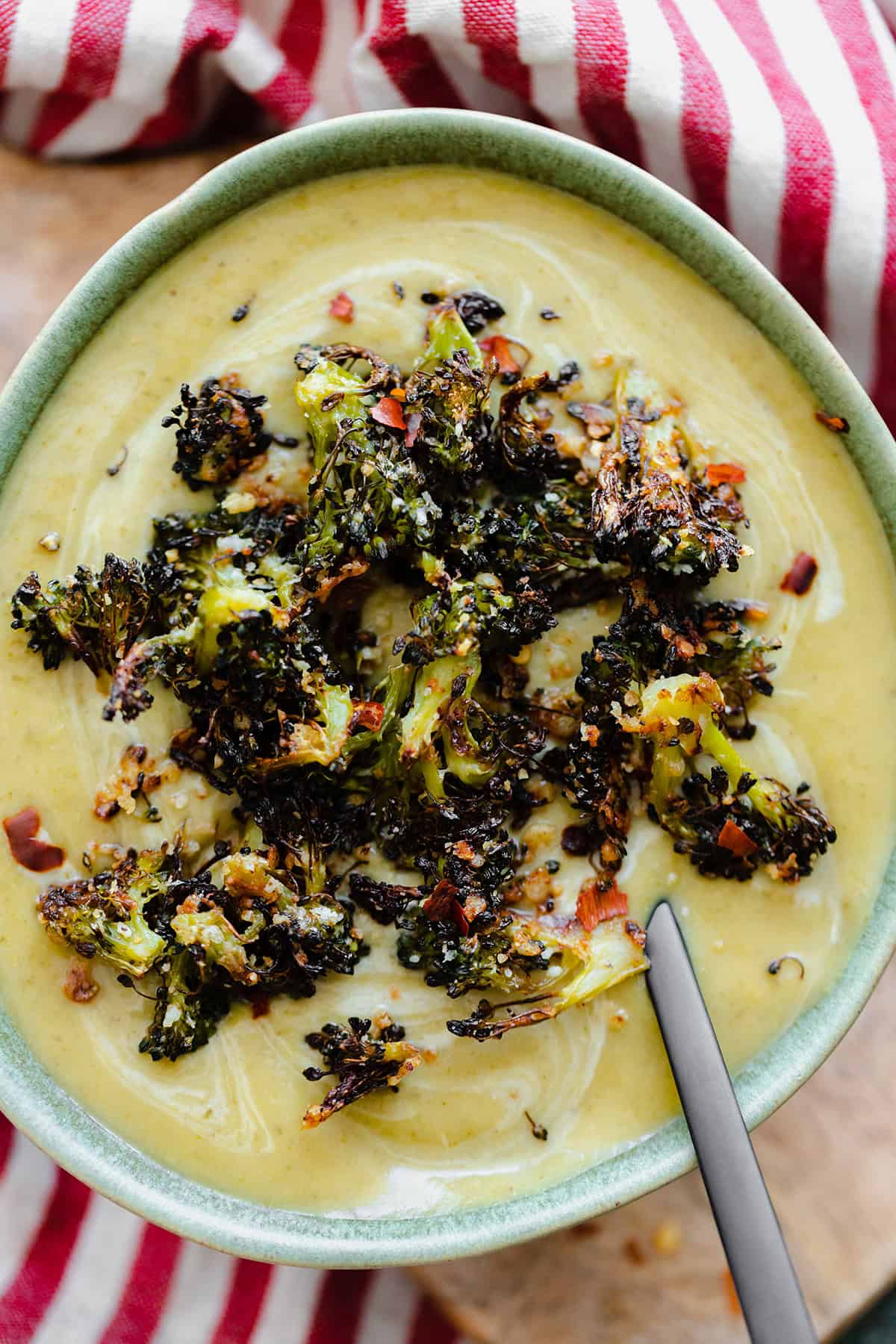 Cream of Broccoli Soup with Roasted Broccoli Croutons