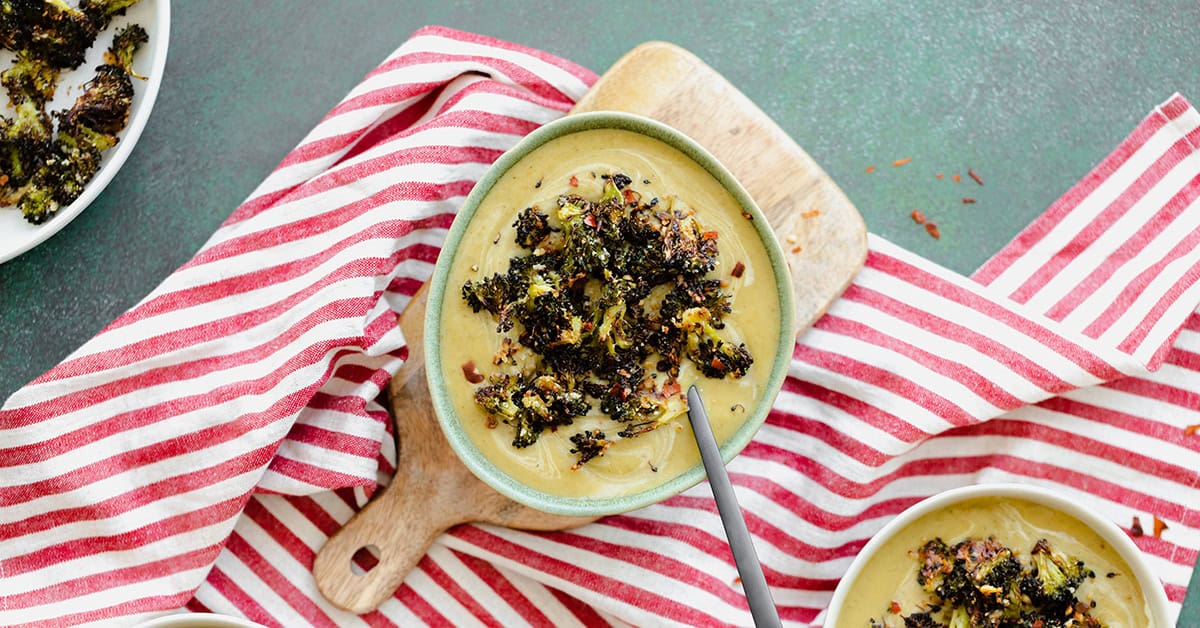 Cream of Broccoli Soup with Roasted Broccoli Croutons
