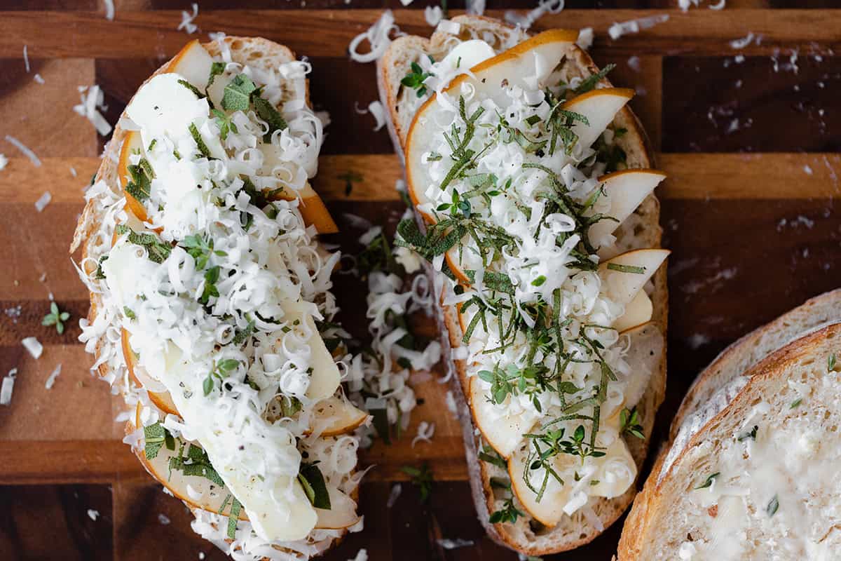 A shot of Goat Grilled Cheese with Pear and Sage before grilling