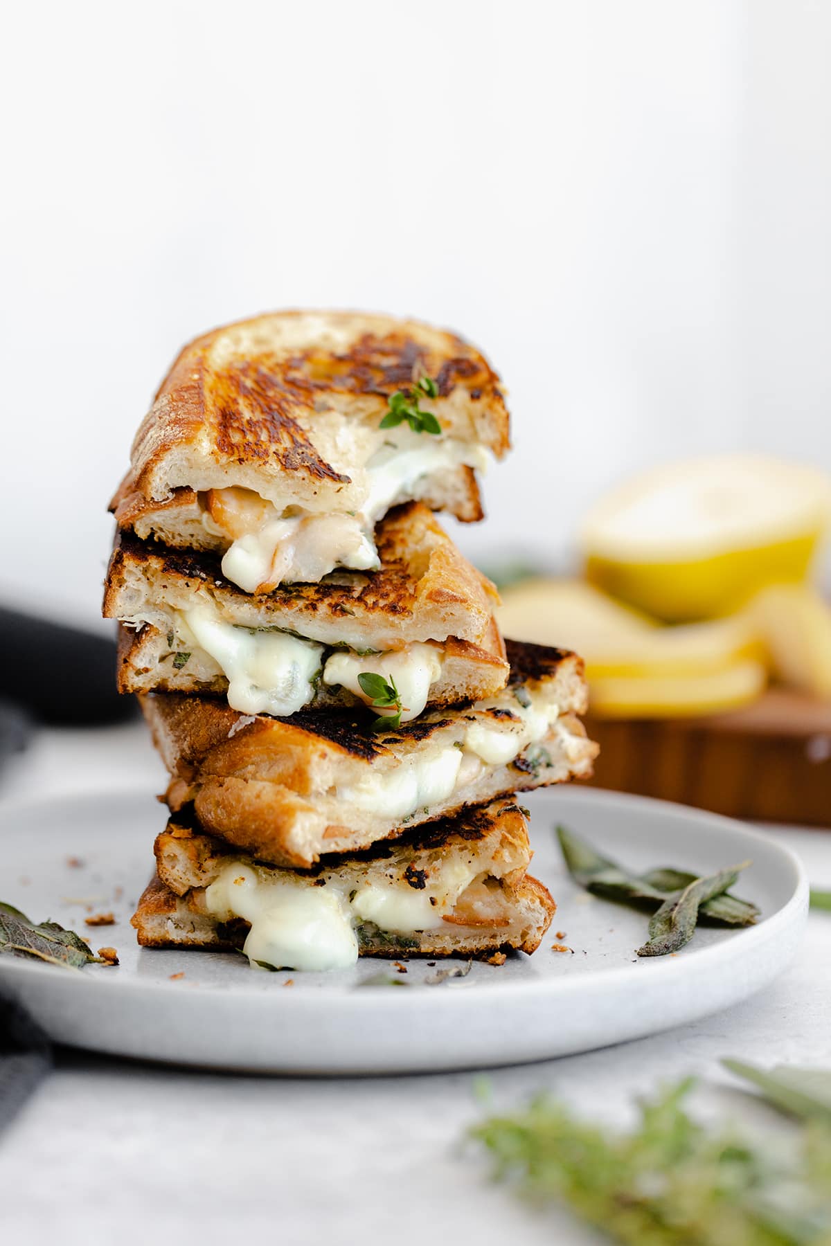 A shot of Goat Grilled Cheese with Pear and Sage