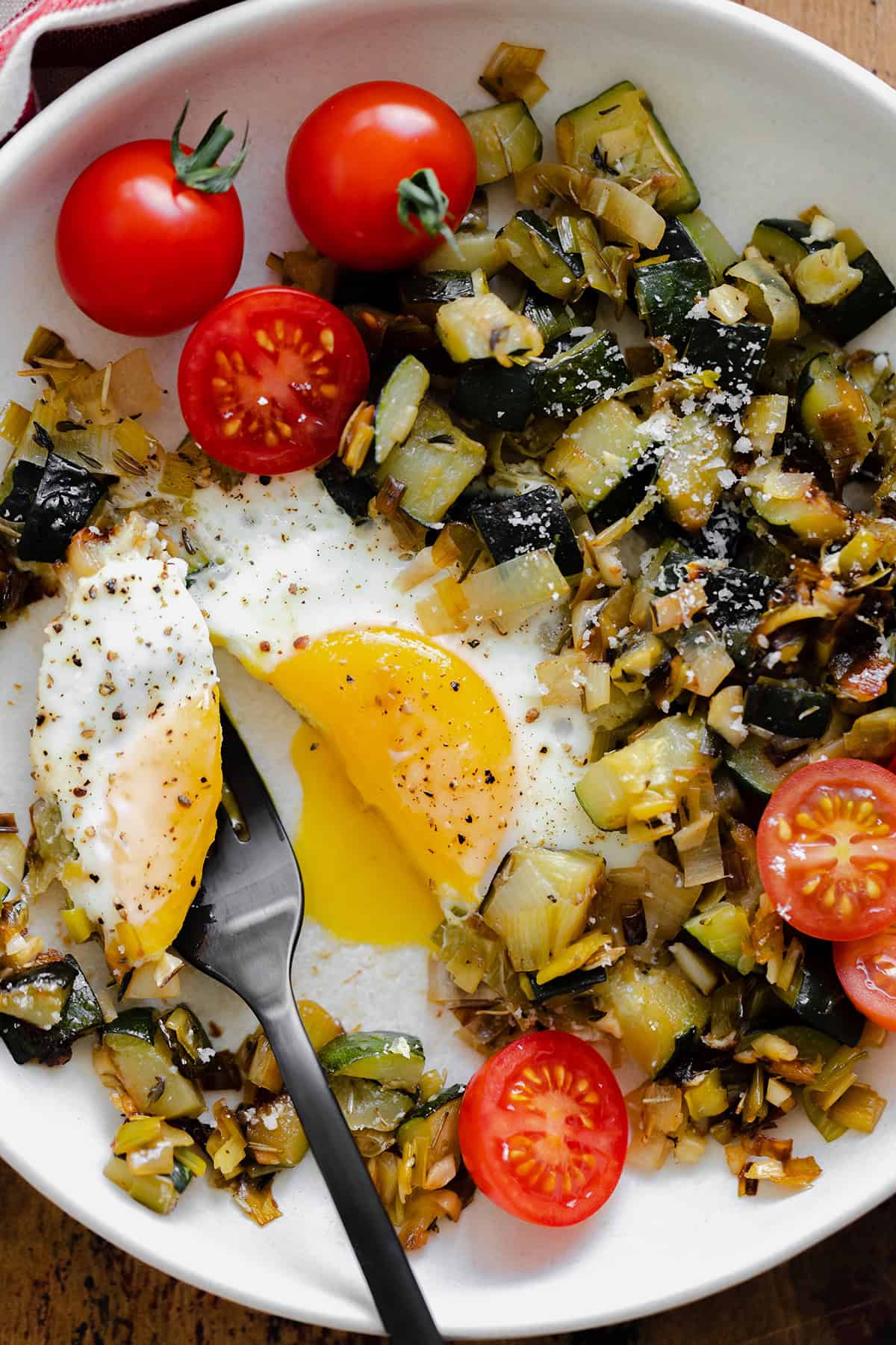 A close up shot of Leek and Zucchini Egg Skillet