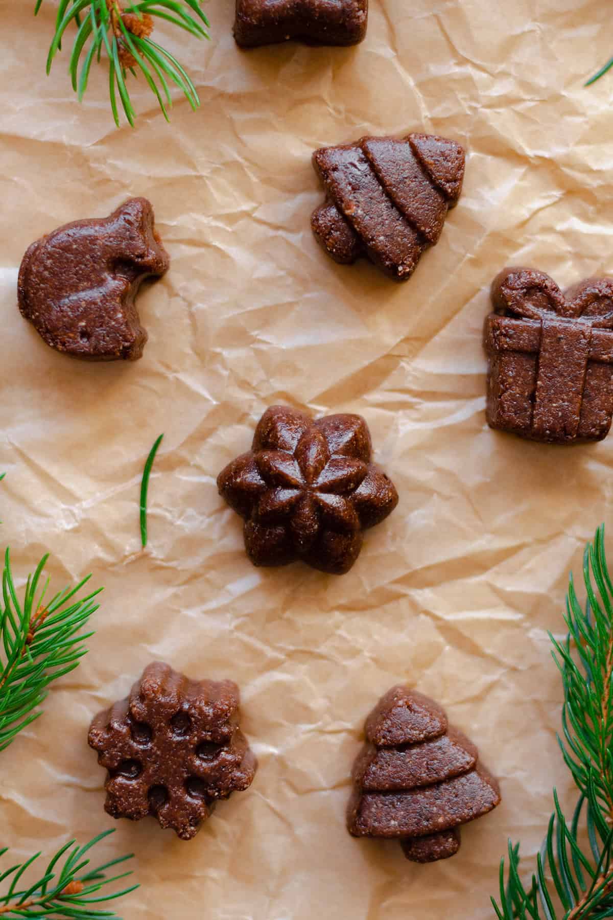 Chocolate Hazelnut Fudge Bites laid out on parchment paper, with fir twigs around the bites.