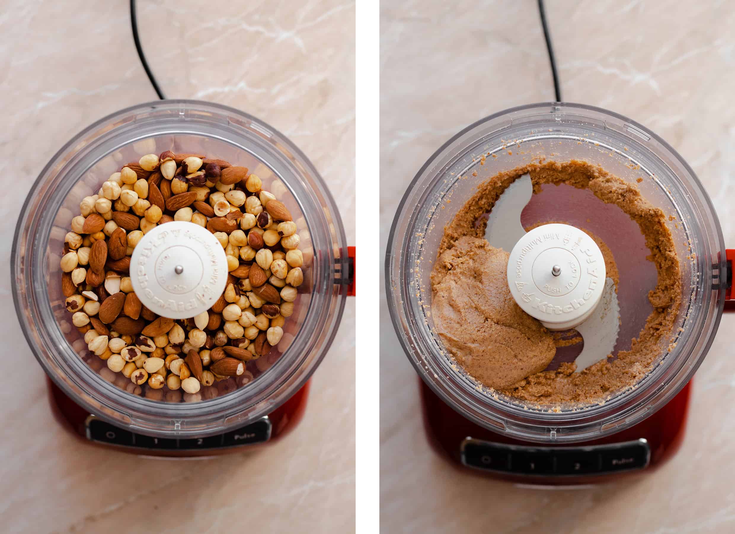 A process shot of Chocolate Hazelnut Fudge Bites in a food processor. A shot from above.