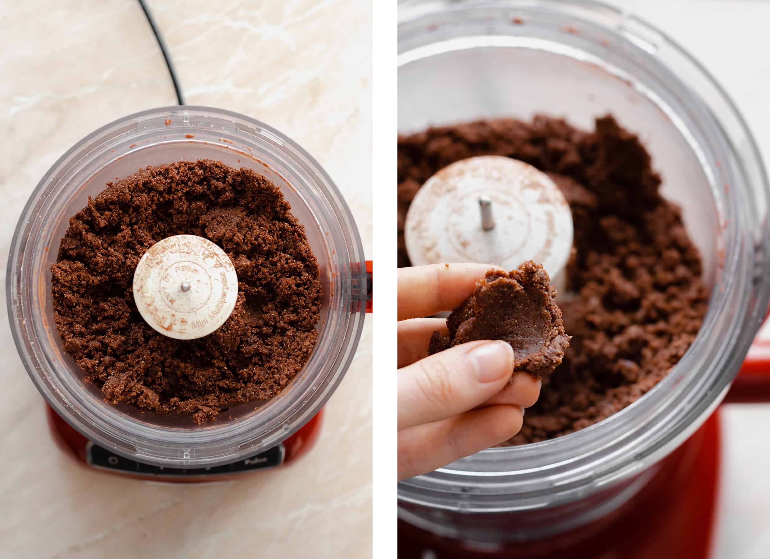 A process shot of Chocolate Hazelnut Fudge Bites in a food processor. A shot from above.