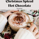 A shot of Christmas Spiced Hot Chocolate with whipped cream, dusted with gingerbread spice in a beige cup.