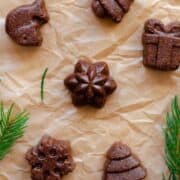 Chocolate Hazelnut Fudge Bites laid out on parchment paper, with fir twigs around the bites.
