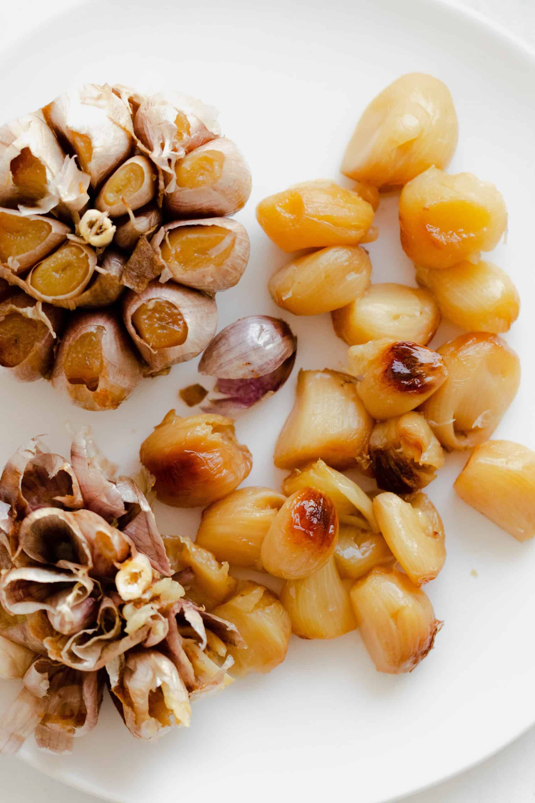 A close up of roasted garlic on a white plate