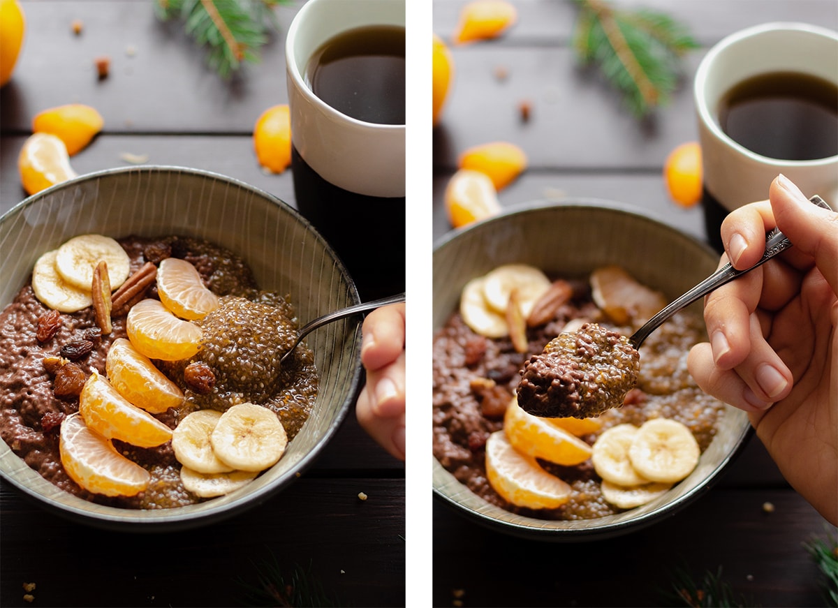 A hand holding a spoonful of Tangerine Chocolate Chia Pudding