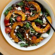 A close up of a salad with delicata squash, baby kale, cherry tomatoes, goat cheese, and red onion in a while bowl on a white decorative plate.
