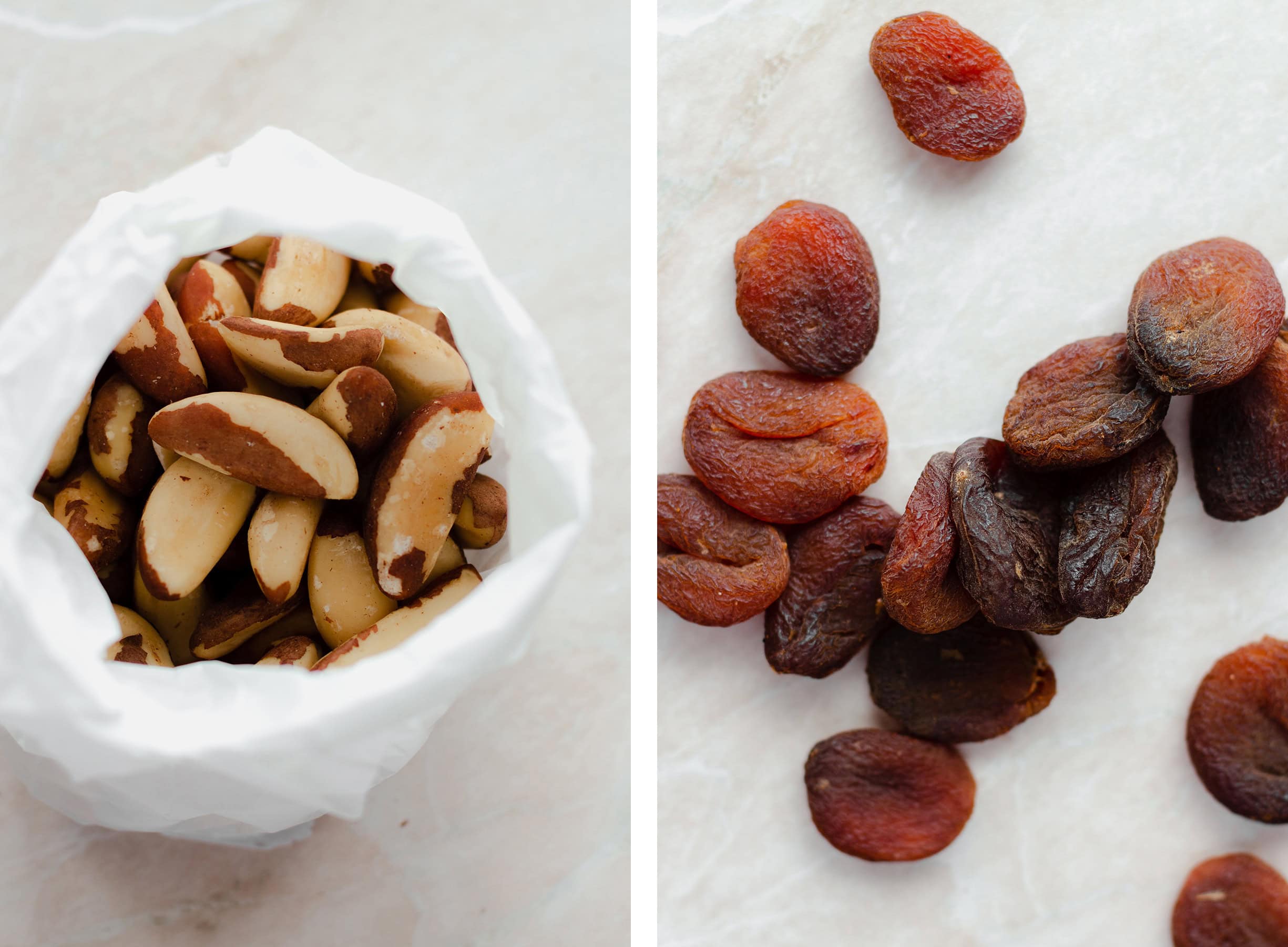 Two photos - one of brazil nuts in a white paper bag, the other of dried apricots.