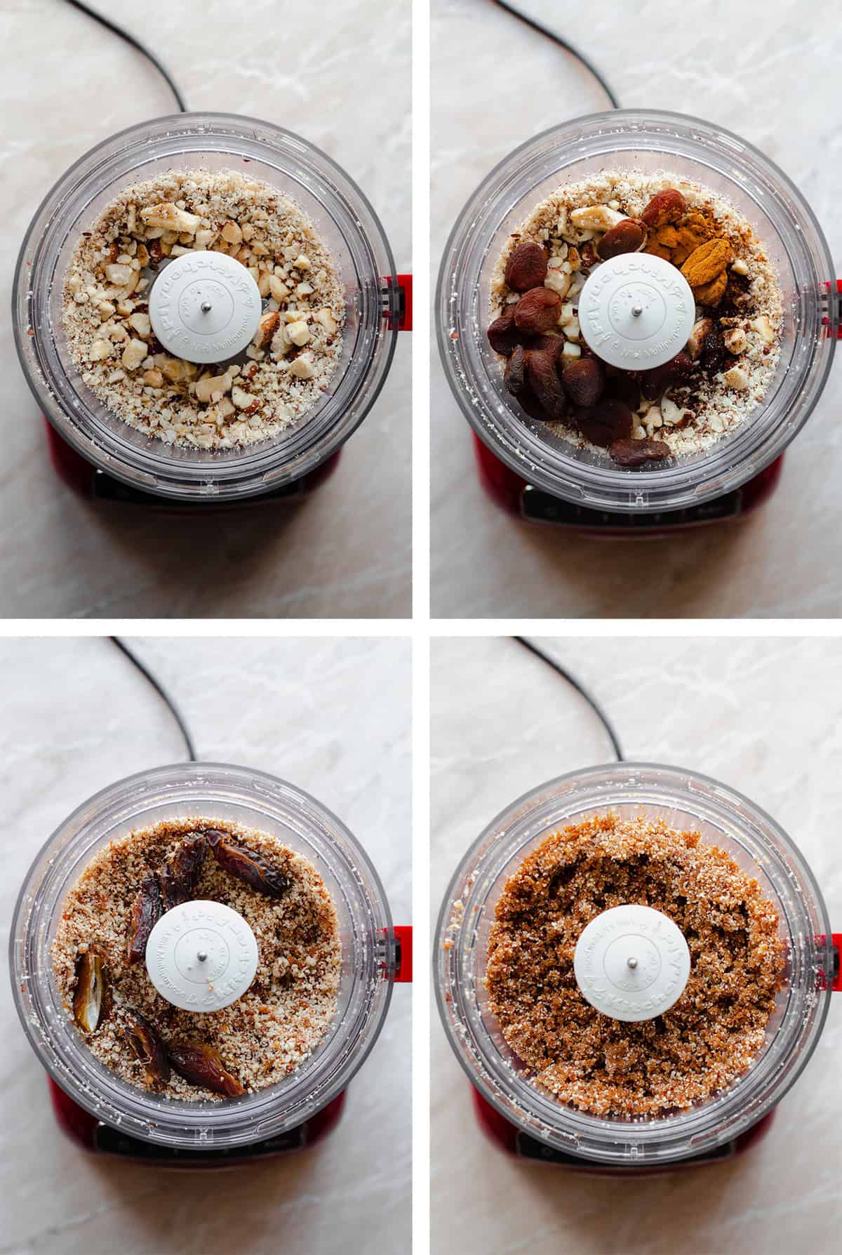 Four process shots of the food processor blending the ingredients for the Apricot Brazil Nut energy balls.