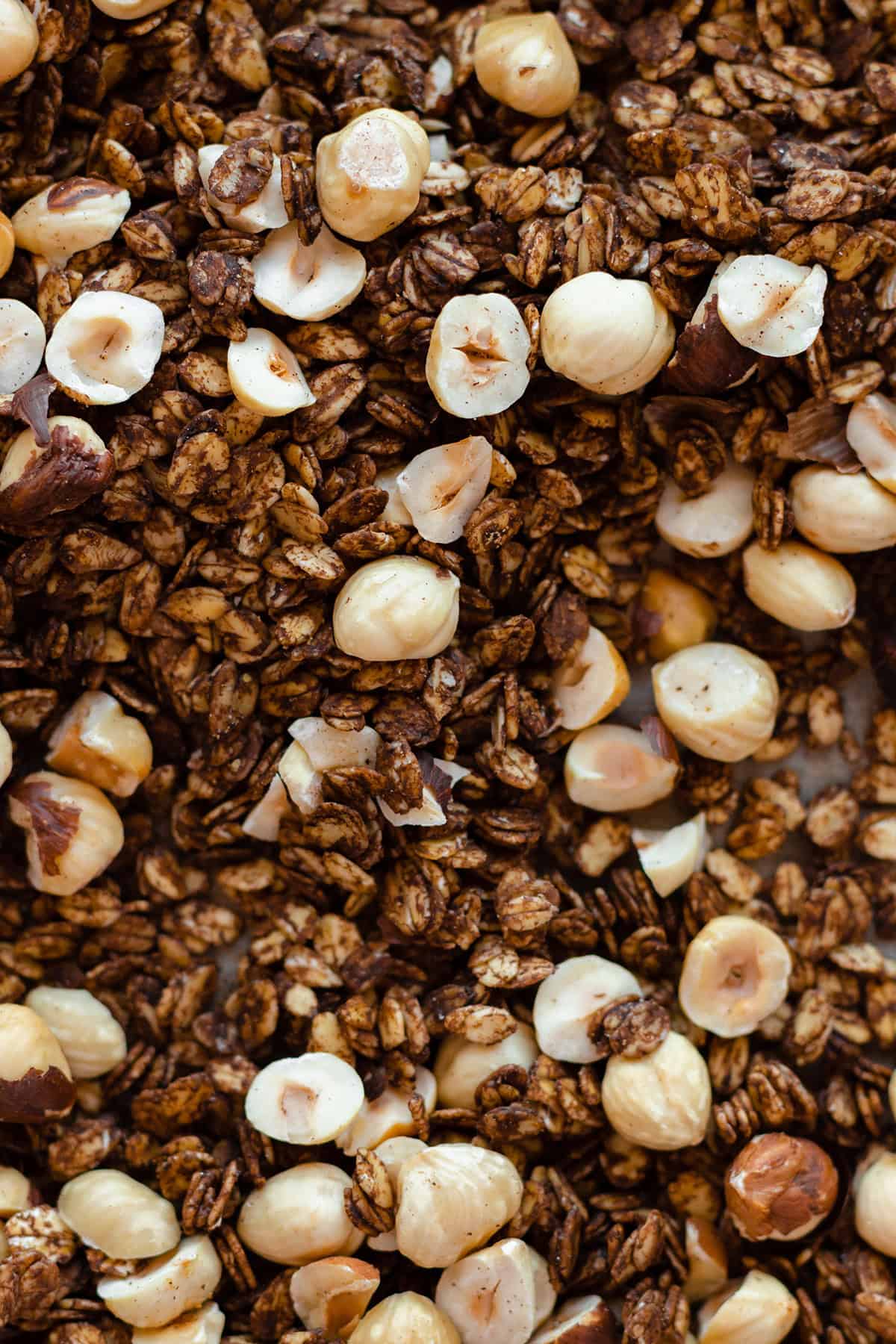 Roasted Hazelnut Carob Granola on a baking sheet - a close up photo.