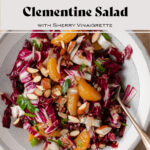 Radicchio Clementine Salad shown on a shallow grey bowl with a white stripe along the edge. Fork resting on the right side of the bowl in the salad.