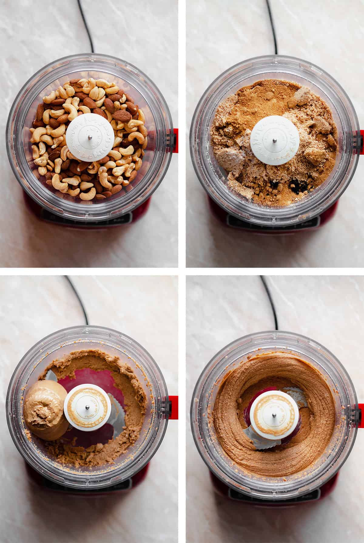 4 process shots of making caramel nut butter in a food processor.