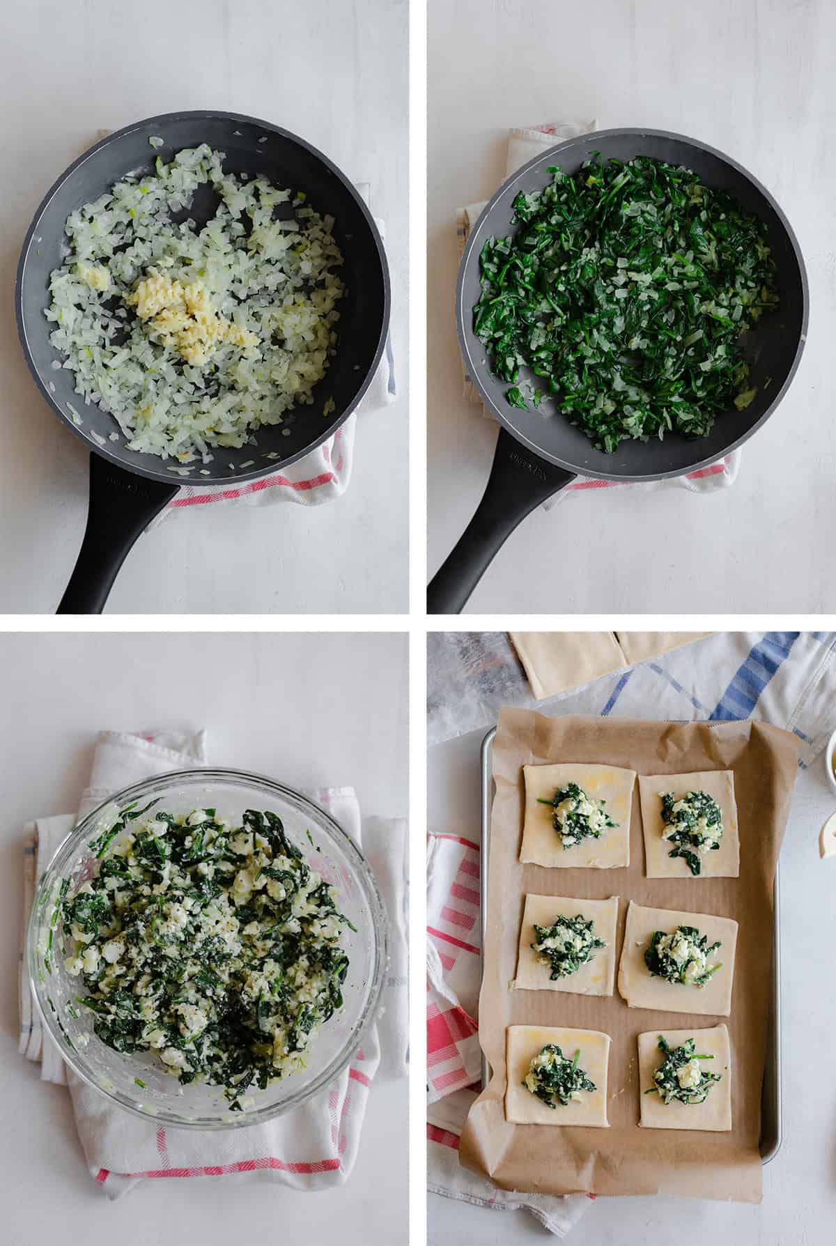 Step by step on how to make the filling for the Spinach and Feta Triangles -sauteeing the onion and garlic, adding spinach, mixing in the feta, and egg. And dividing it between the puff pastry squares.