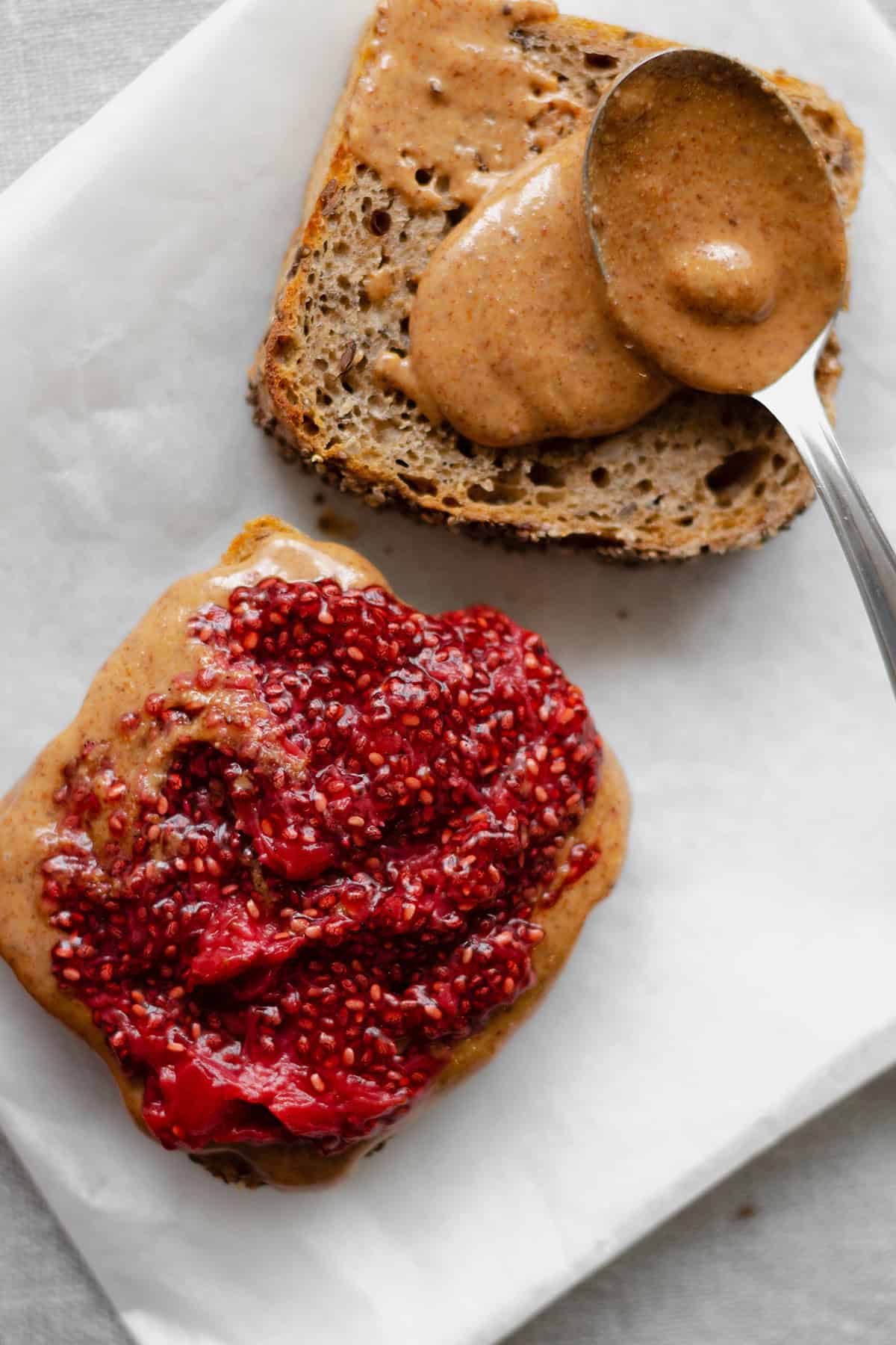 Strawberry Chia jam on toast with peanut butter.