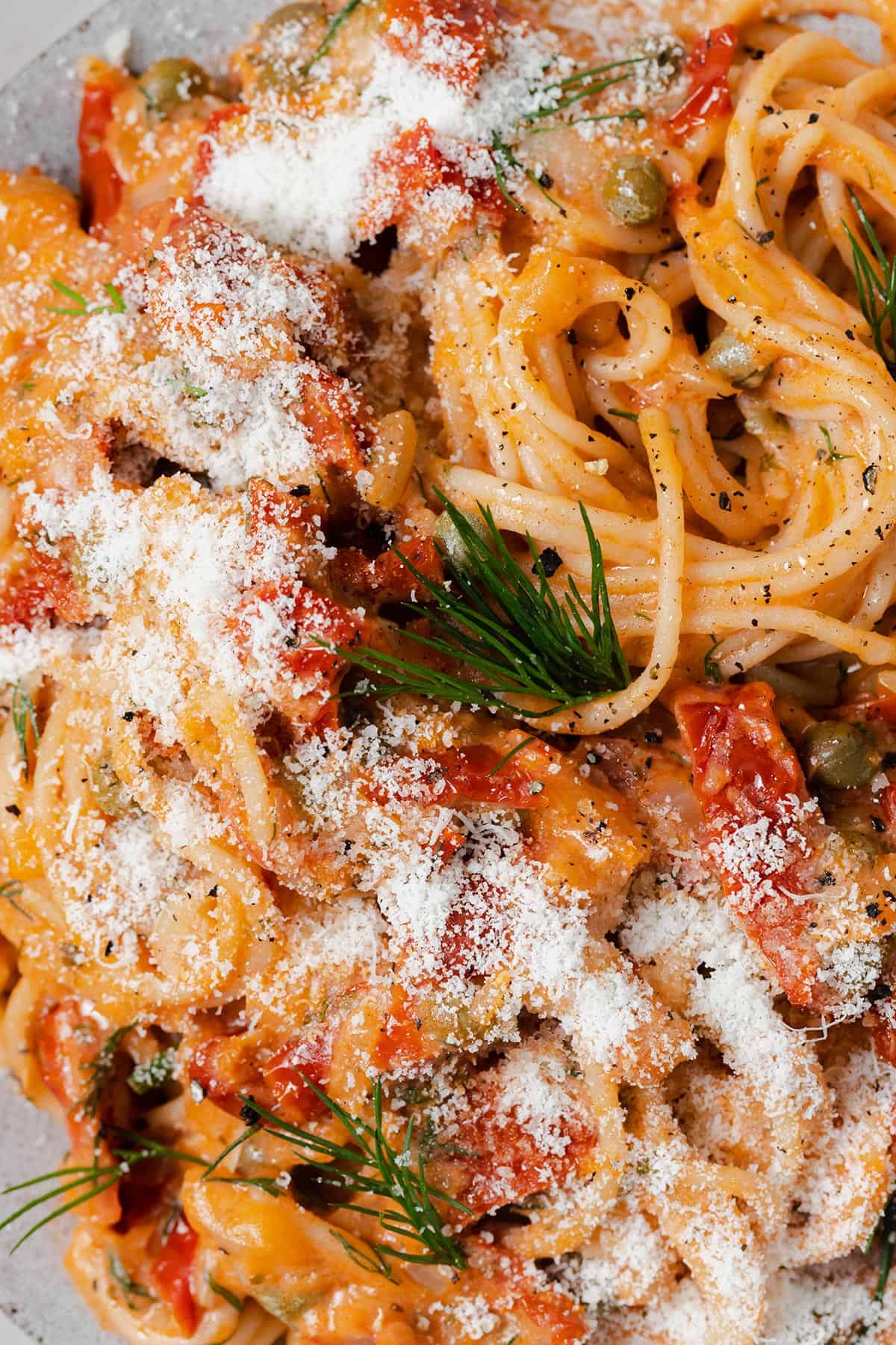 A close up photo of Creamy Sun-Dried Tomato Pasta with Capers and Dill and pecorino cheese.