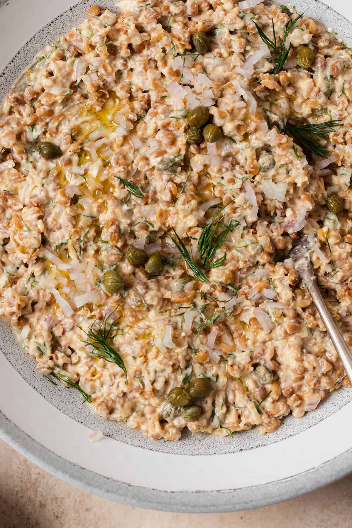 A close up of lentil dip garnished with fresh dill, capers, and a drizzle of olive oil.